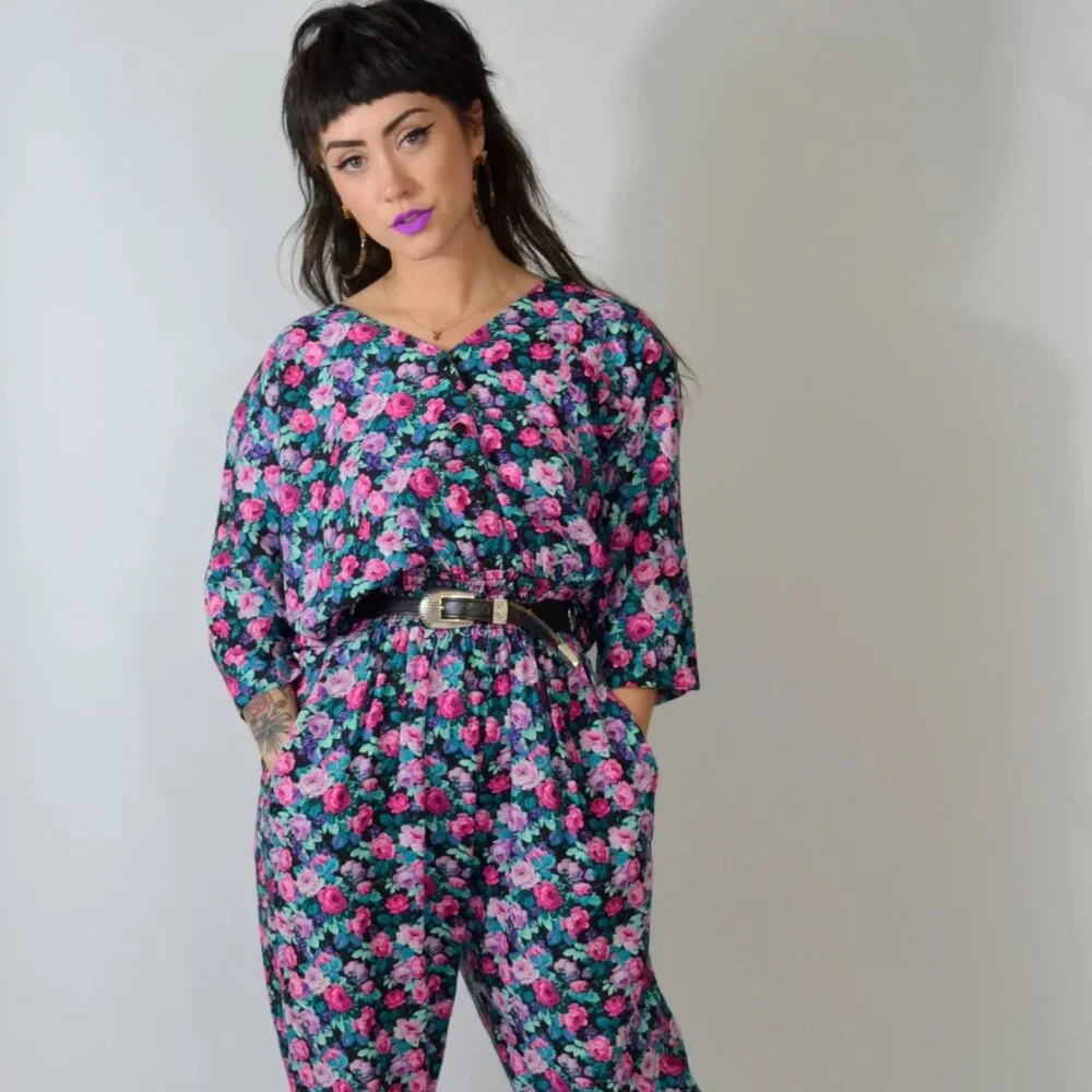 Vintage 90s black grunge floral long sleeve wide leg jumpsuit small - Picture 5 of 6